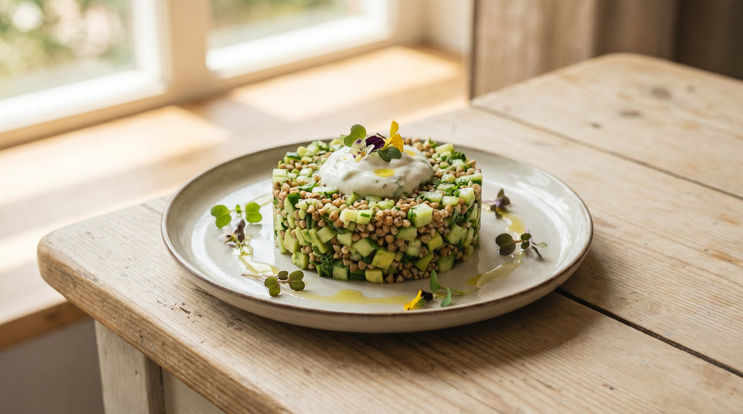 Tartare sempreverde con grano saraceno e salsa allo yogurt